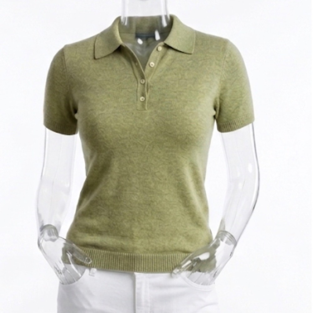 Griffen Cashmere Polo Sweater Sage Green Short Sleeve Minimalist Old Money Small